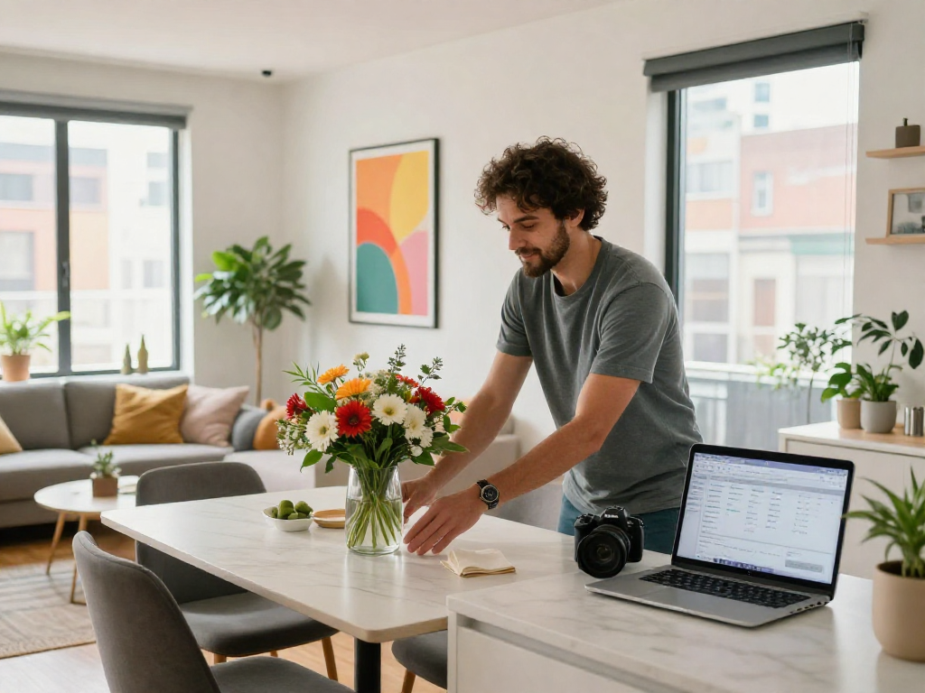Inviting Airbnb space highlighting the best airbnb managers in melbourne with stylish decor, fresh flowers, and booking software on display.