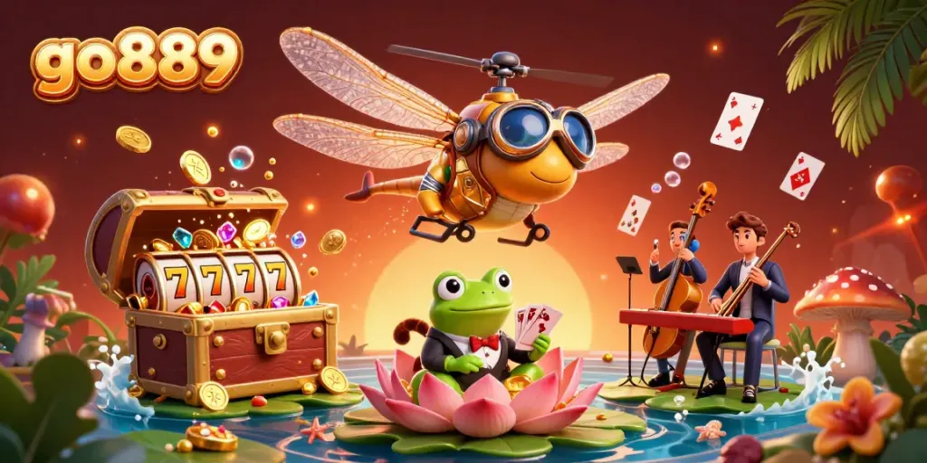 Experience the magic of go889 with a colorful casino scene featuring lively characters and vibrant gaming elements.