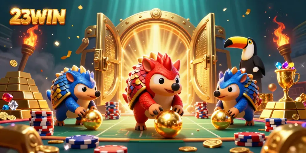 Experience dynamic gameplay with 23WIN as rival pangolins roll through golden treasures and poker chips.
