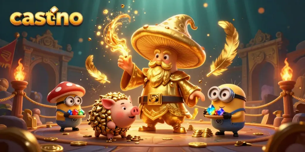 Experience exhilarating casino magic with a golden mushroom wizard and treasures in this immersive scene.