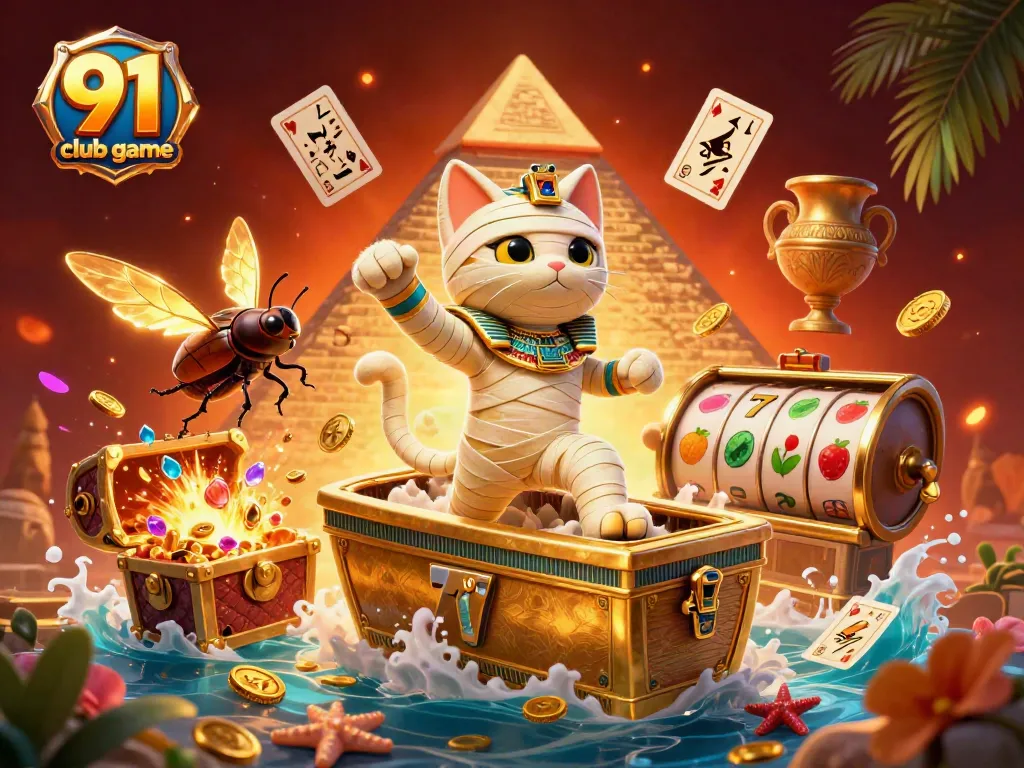Engage with 91 club game in a vibrant 3D casino scene featuring a mummy cat and glowing scarab.