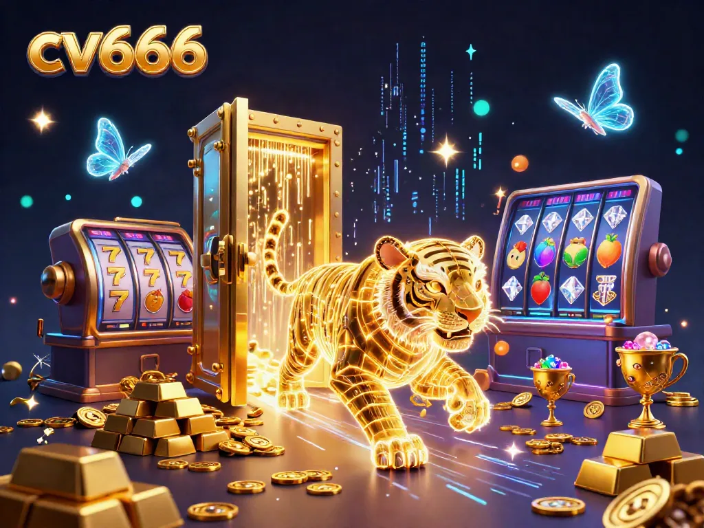 Experience cv666's thrilling digital casino with neon elements, golden treasures, and dynamic characters.
