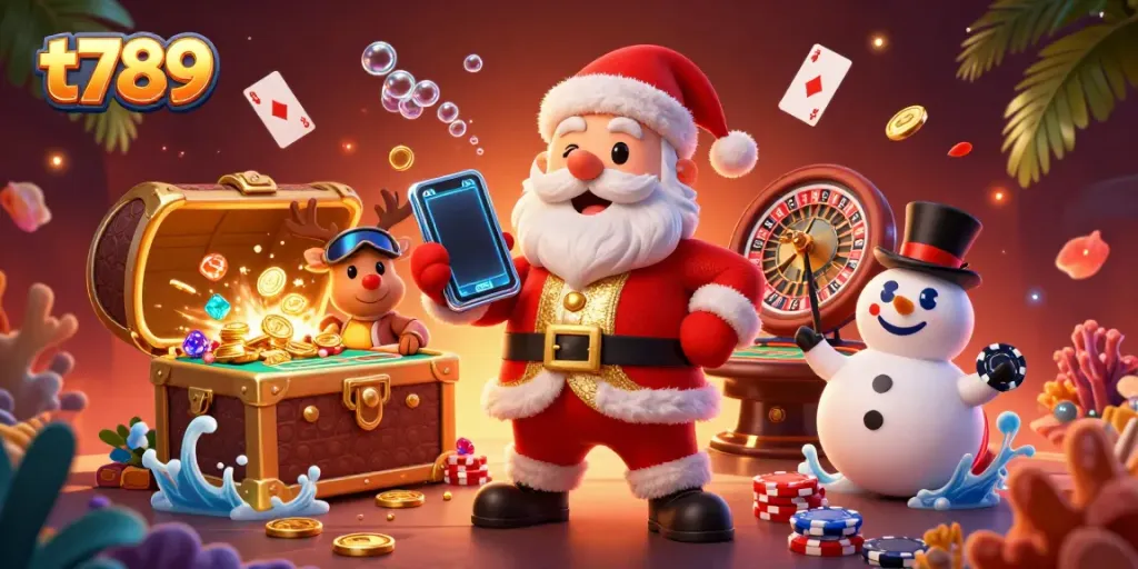 Experience thrilling gaming action at t789 with Santa and friends in a vibrant casino scene.
