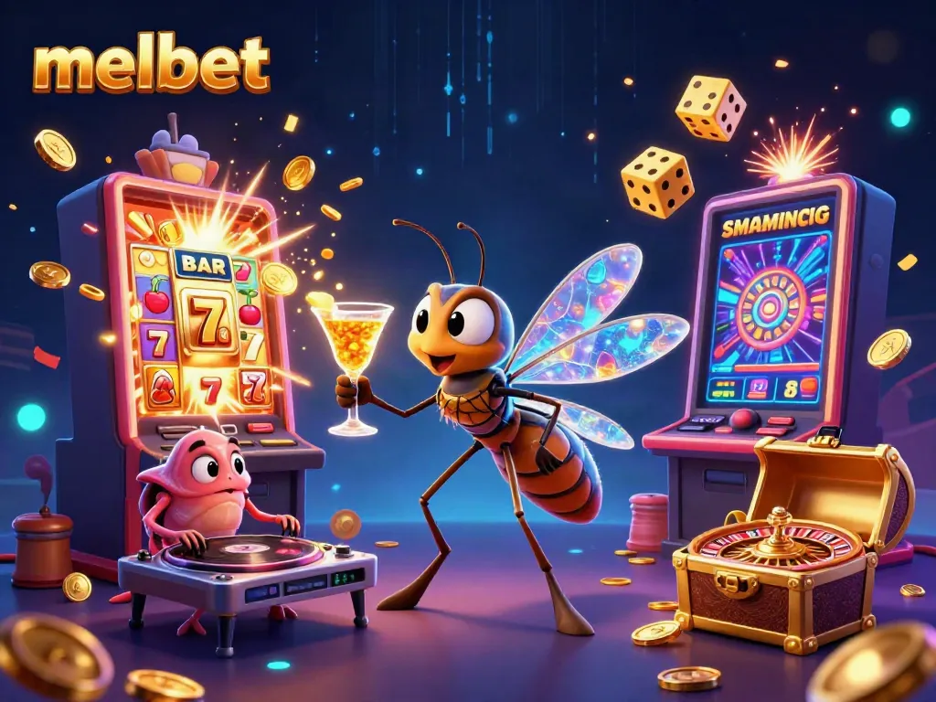 Bet on melbet with a lively casino scene featuring characters and dynamic gaming elements