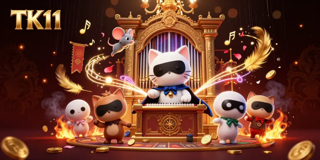 Engage with TK11 at a vibrant casino scene featuring a whimsical cat and mouse performance.