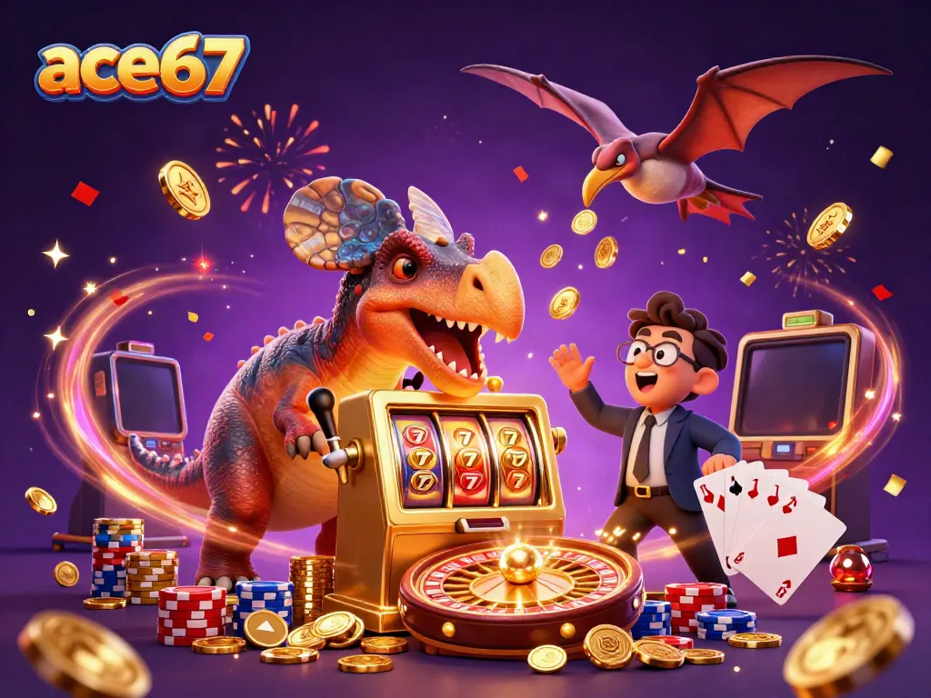 Experience the excitement of ace67 with a vibrant casino scene featuring a dinosaur-themed jackpot celebration.