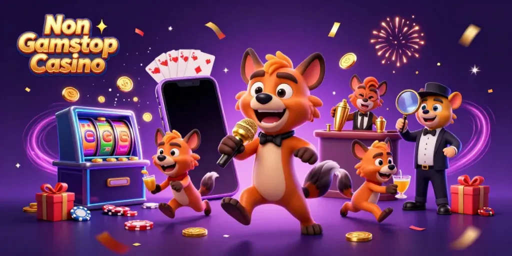 Experience laughter and excitement at a Non Gamstop Casino with hyenas, vibrant games, and rich decorations.