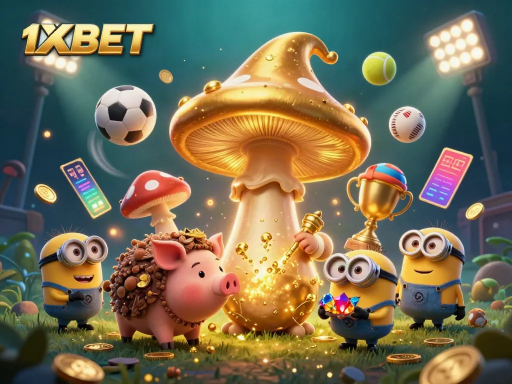 Experience seamless online sports betting with 1XBET's dynamic 3D illustration of magician characters and gaming elements.