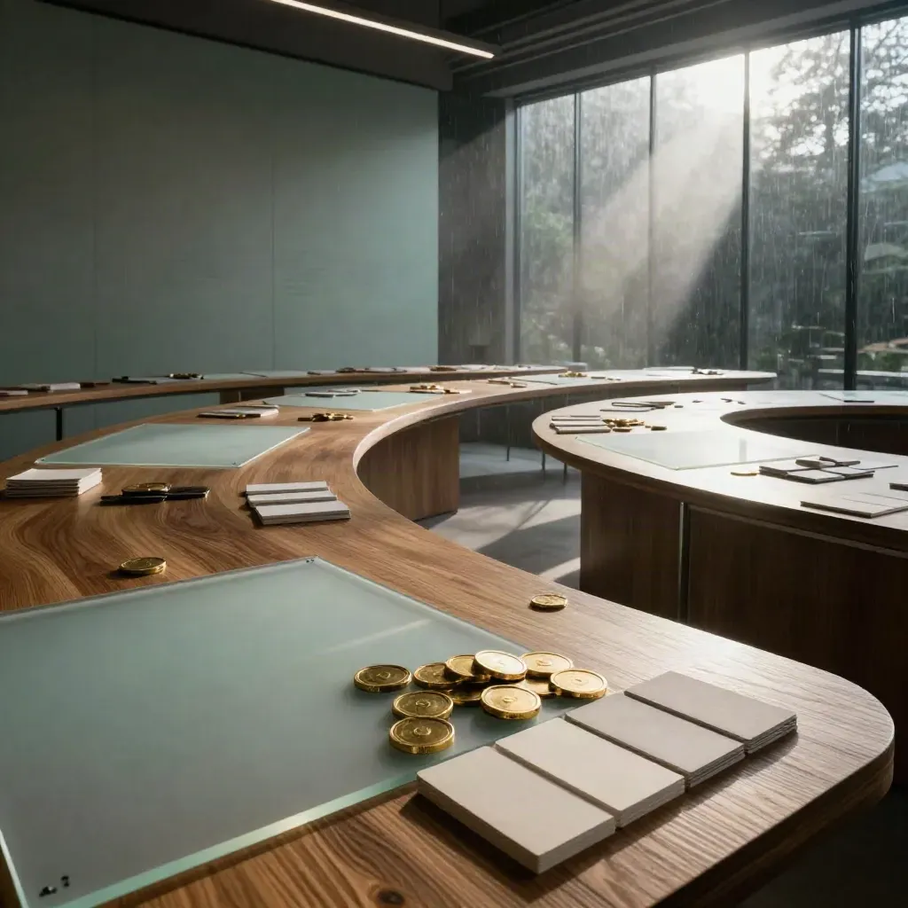 Moody strategy studio with oak tables, brass tokens, frosted panels, and foggy dawn light.