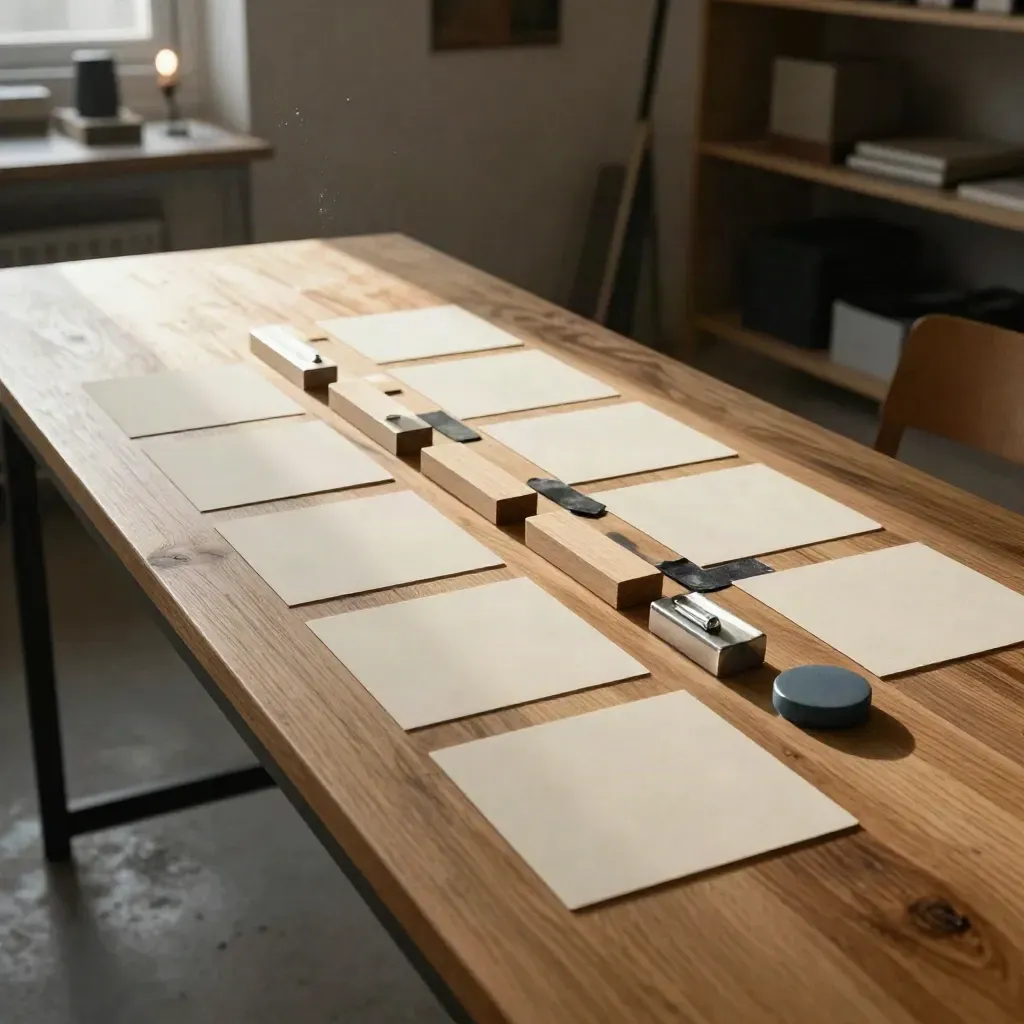 Oak workshop table with blank strategy cards, timber blocks and magnetic markers in warm afternoon light