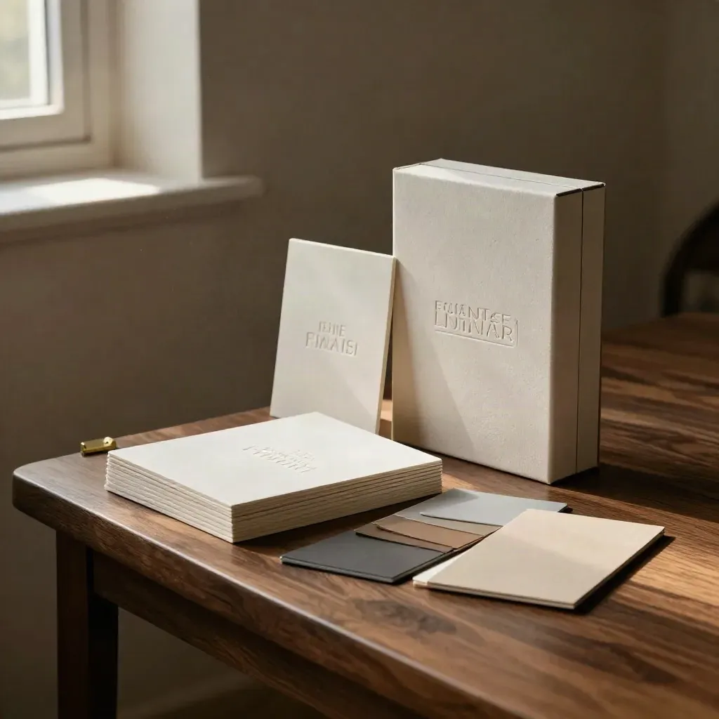 Brand swatches, embossed boards, and an unbranded presentation box on a walnut plinth.