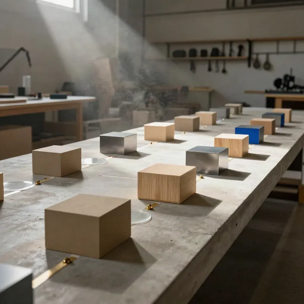Cinematic product roadmap blocks on a concrete plinth under raking light