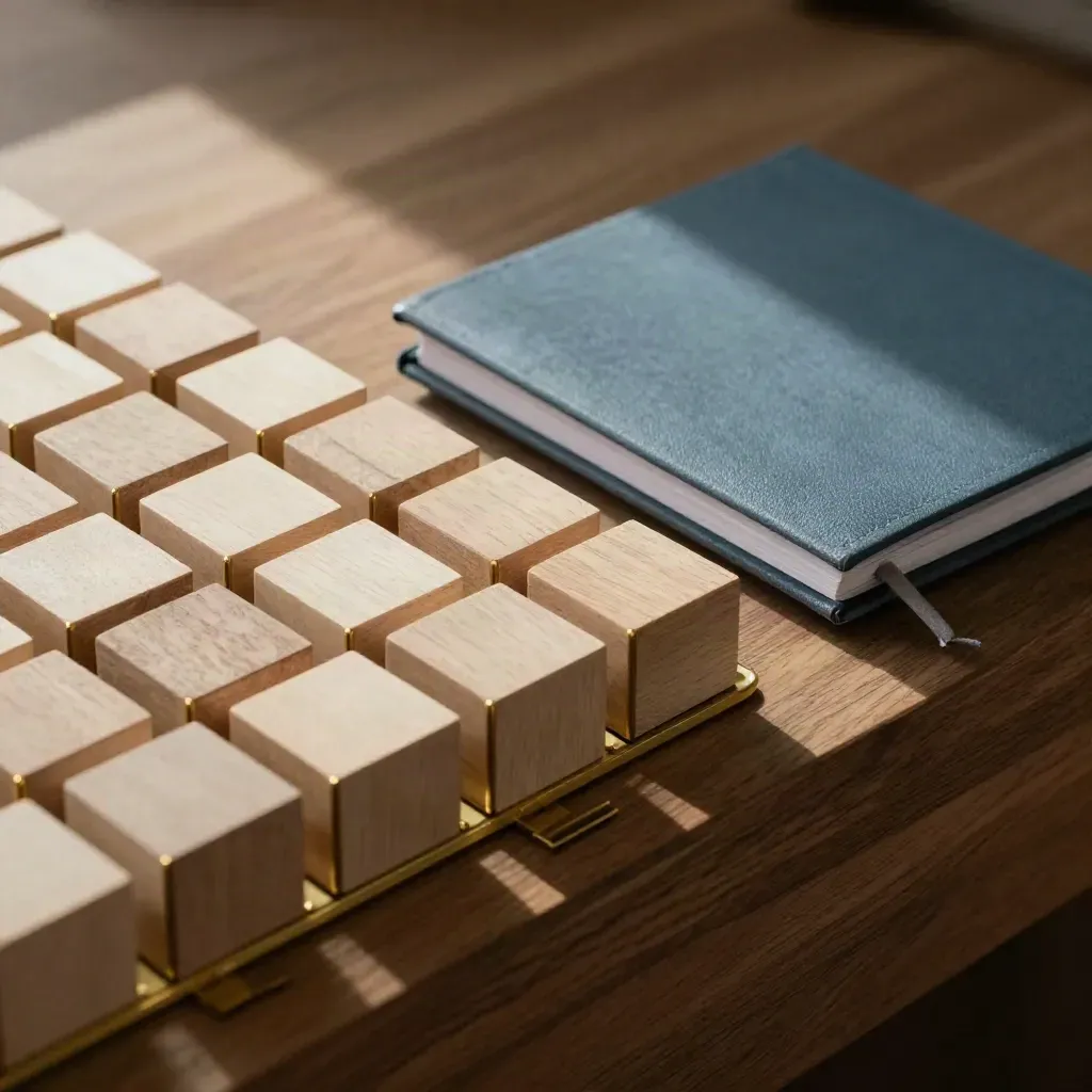 Wooden cubes, brass dividers and a sealed notebook form a quarterly growth plan in warm light.