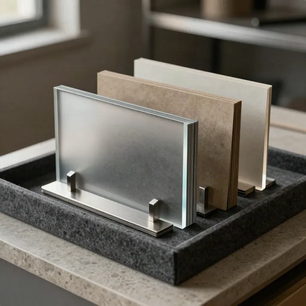Three concept prototypes in a felt-lined tray, shot as an extreme macro with soft studio light.