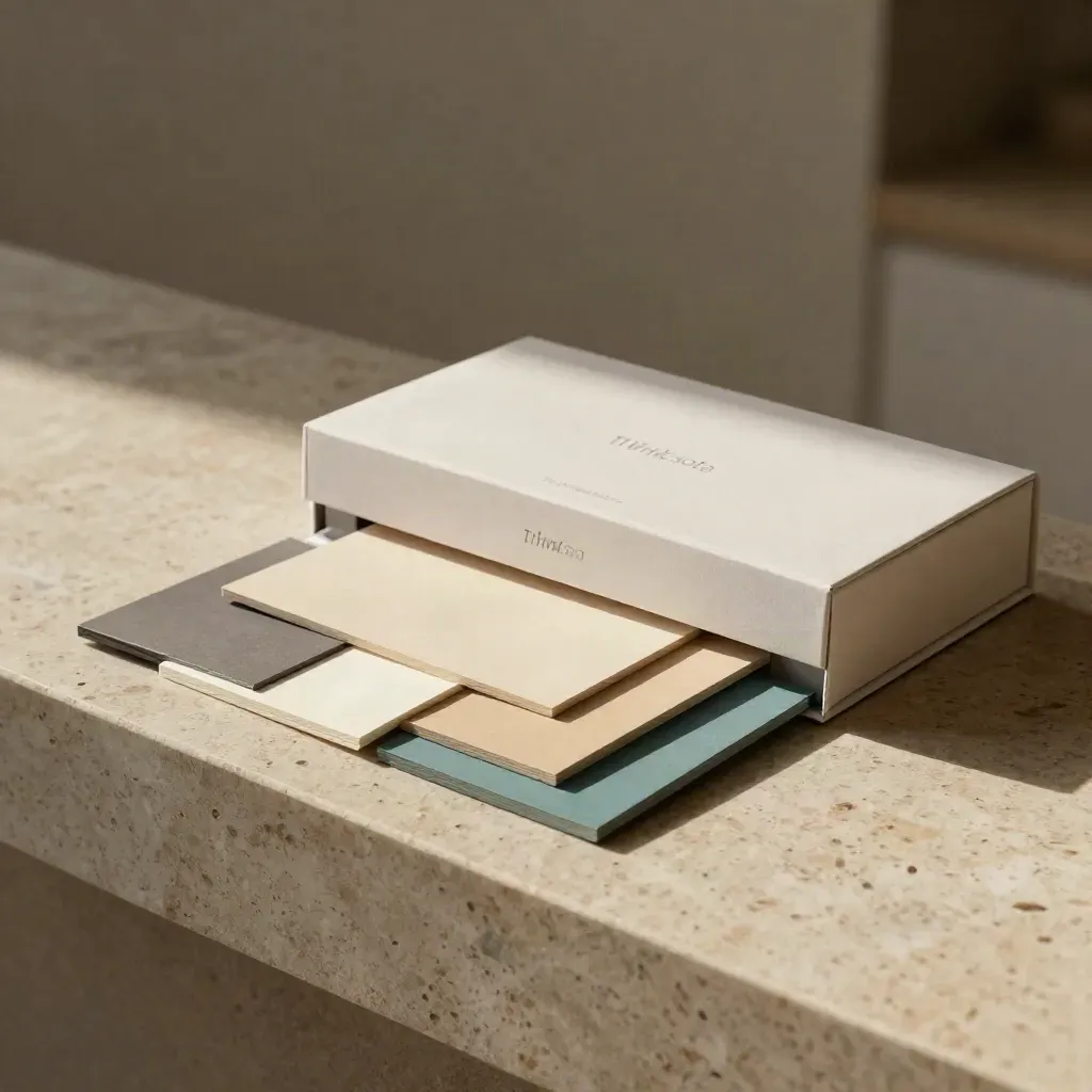 Embossed sample boards, matte swatches and a presentation box aligned on travertine.