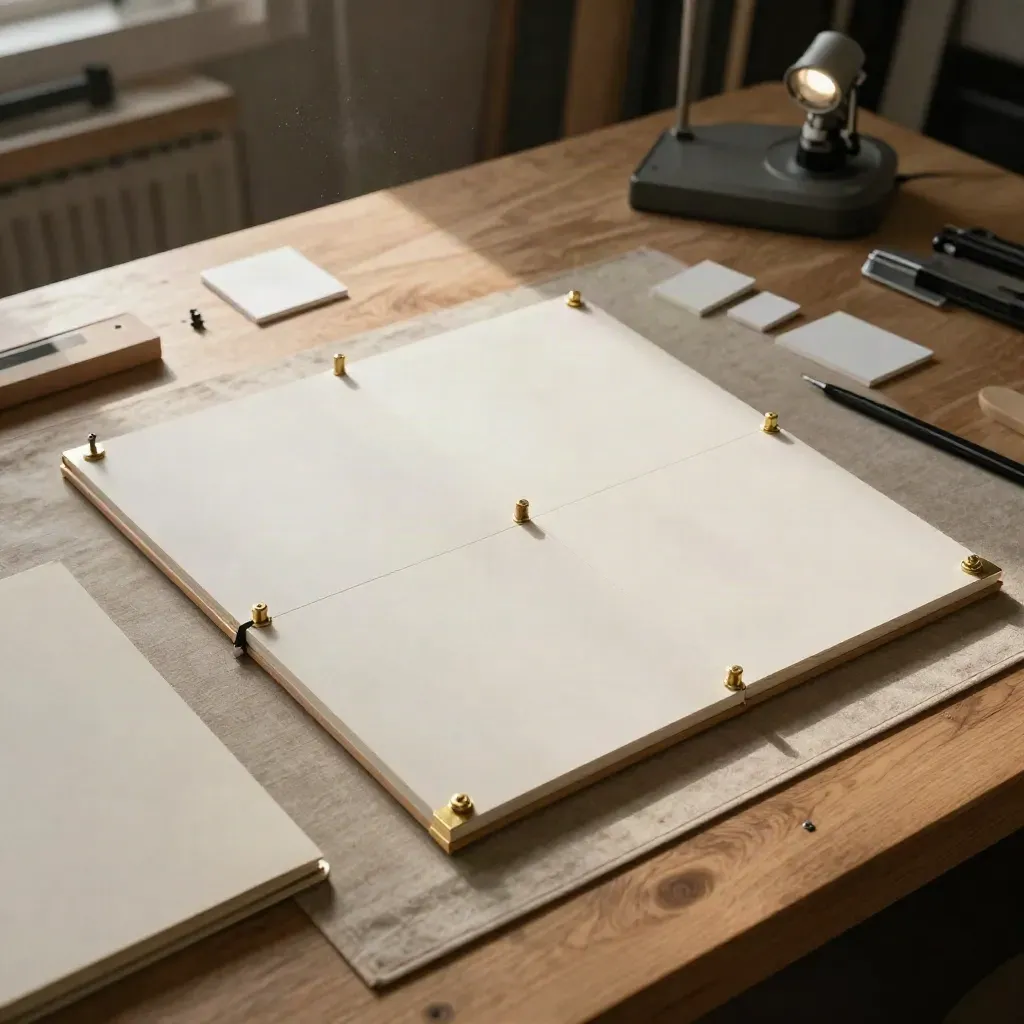 Top-down planning board with foldout panels and brass spacers in a warm studio corner.