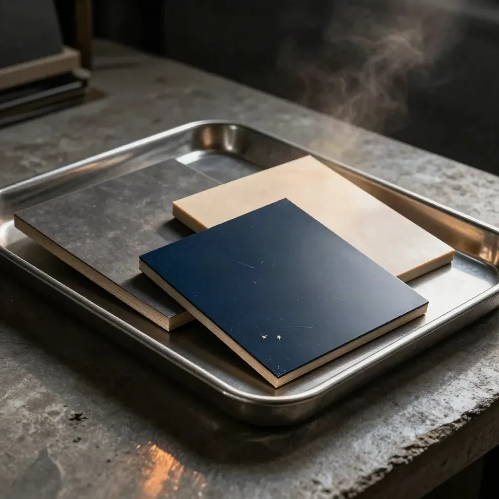 Three finish prototypes in a steel tray, with a deep navy approved sample lit dramatically.