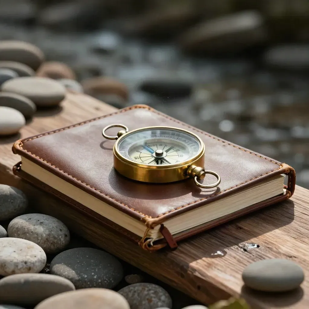 Brass compass on river stones beside a closed field notebook on a walnut ledge.