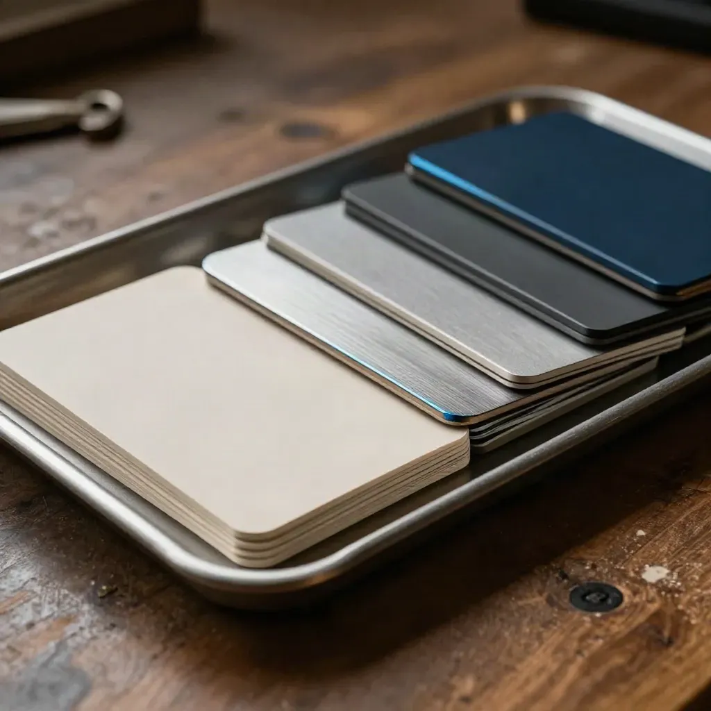 Matte colour chips, foil strips and a lacquer block fanned in a tray under dramatic studio light.