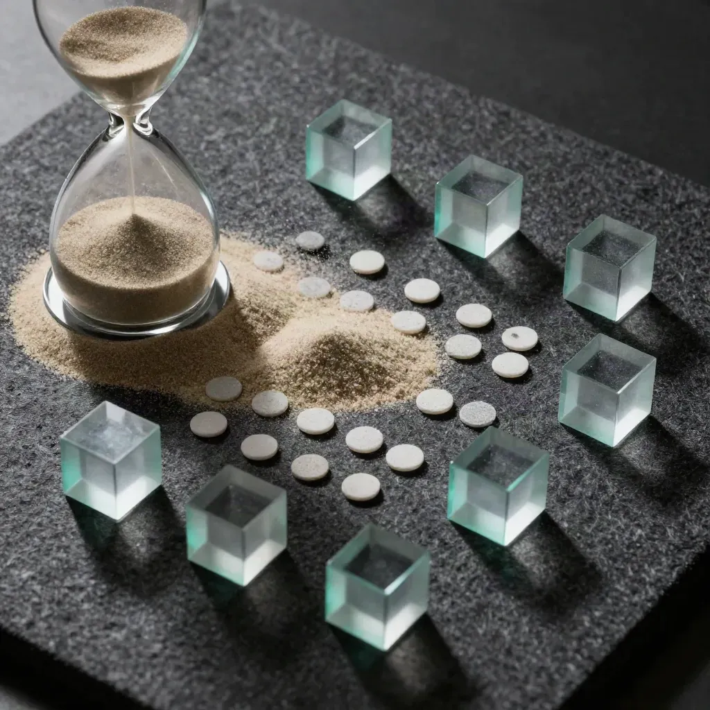 Sand timer, magnetic dots and frosted cubes arranged in a grid on a felt mat