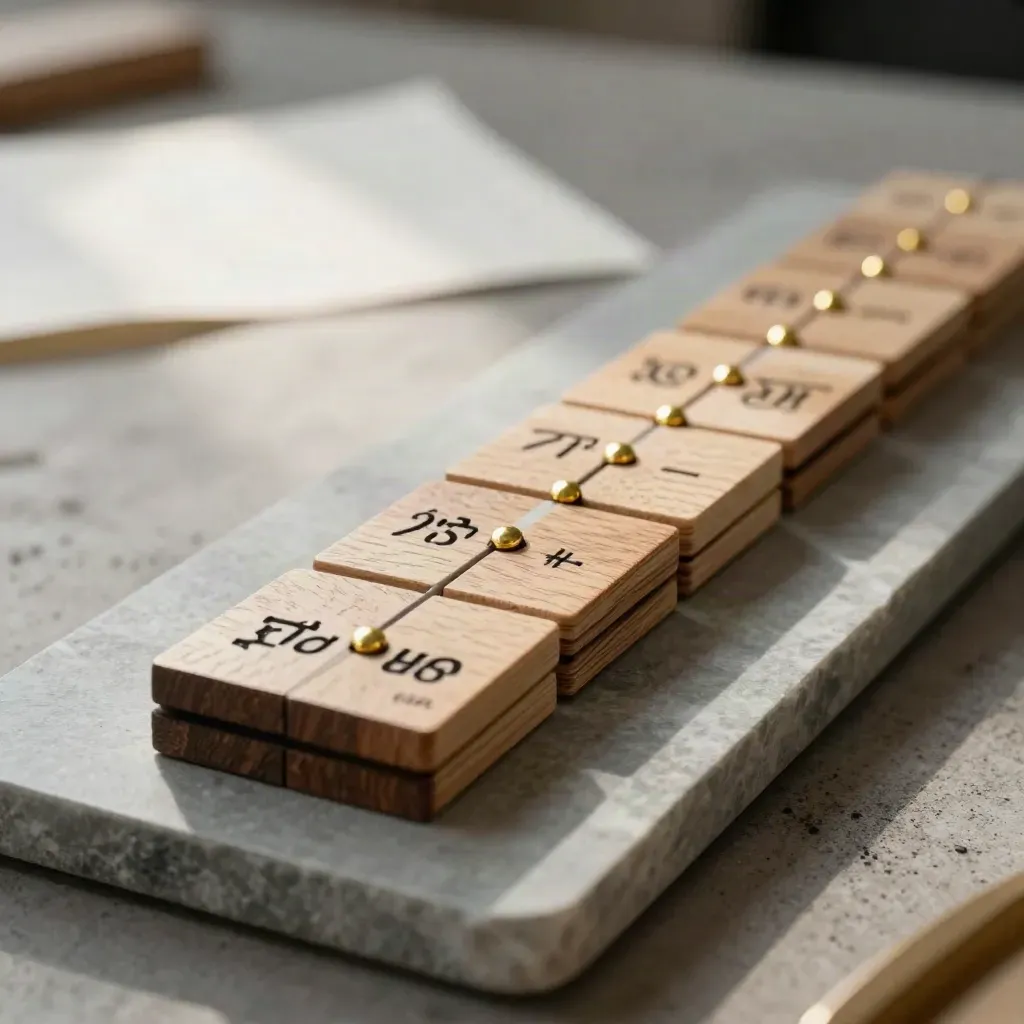 Macro of wooden roadmap tiles and brass spacers aligned on a stone slab