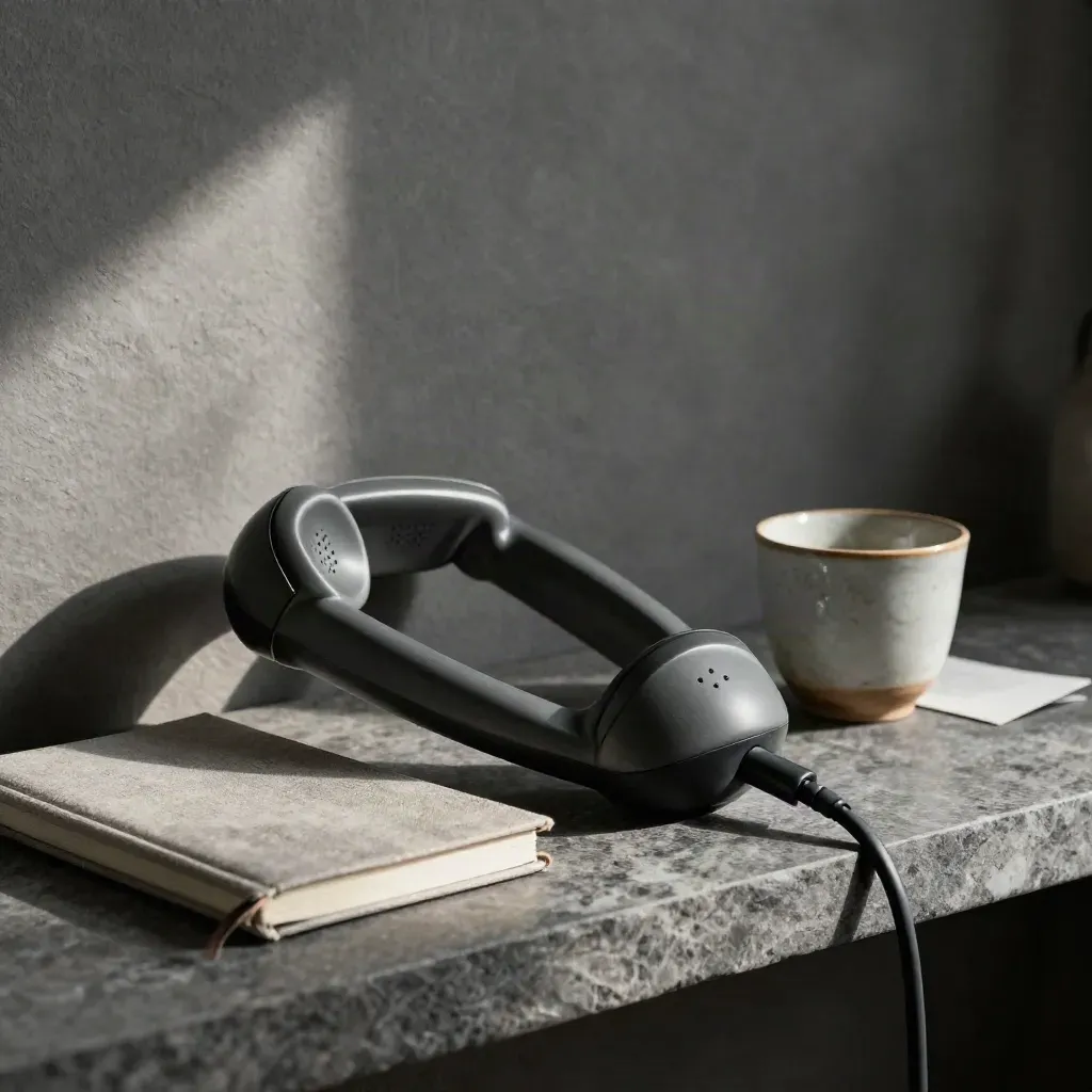 Matte handset, linen notebook and stone cup on a dark shelf in soft side light.