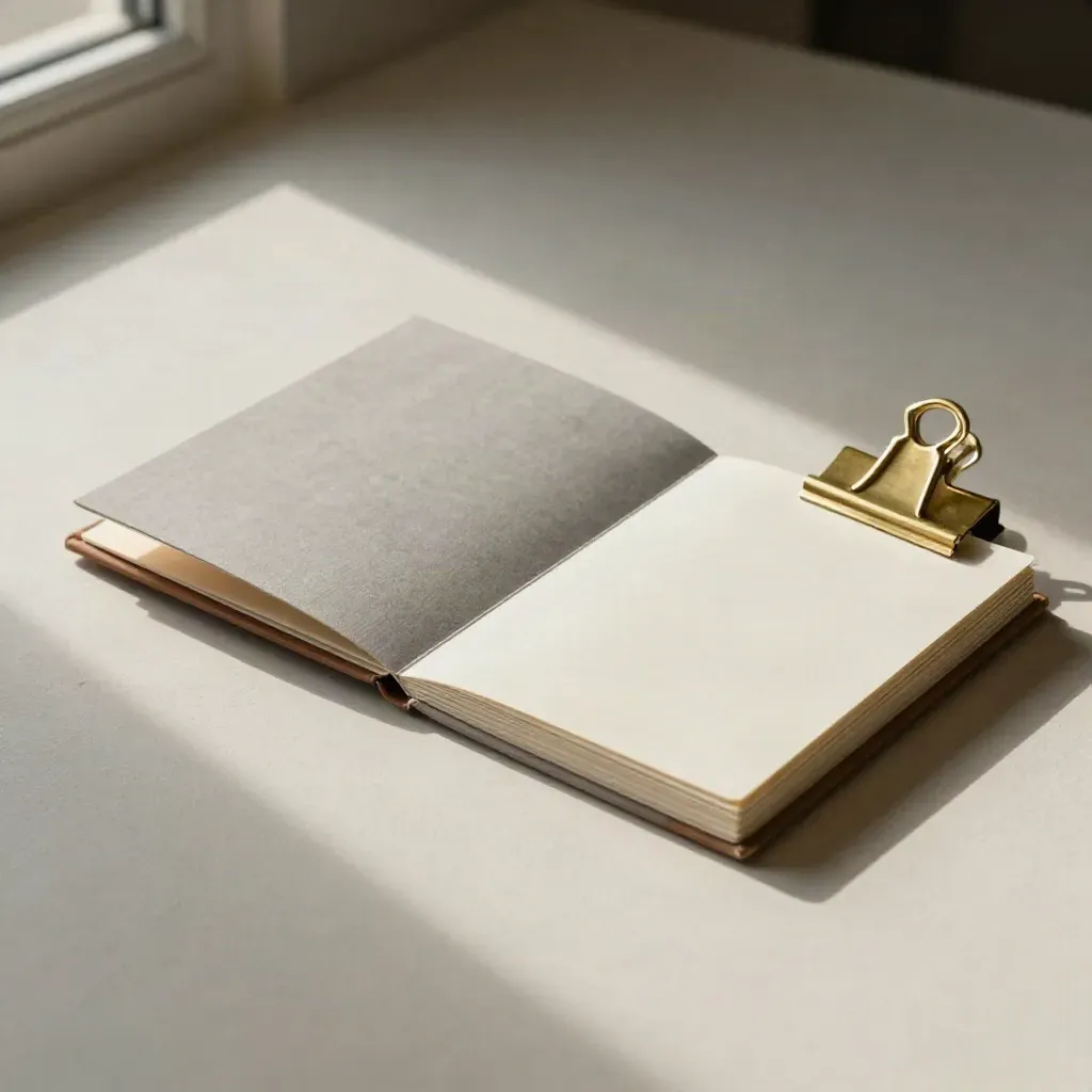 Accordion card draft bundle with brass clips and a slim portfolio on a pale plaster surface