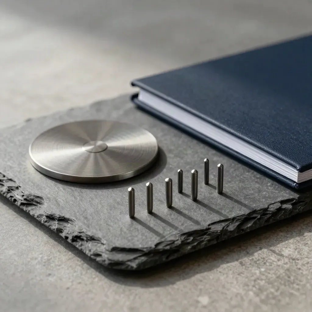 Proof disc, alignment pegs and closed review folder on slate, lit softly from one side.