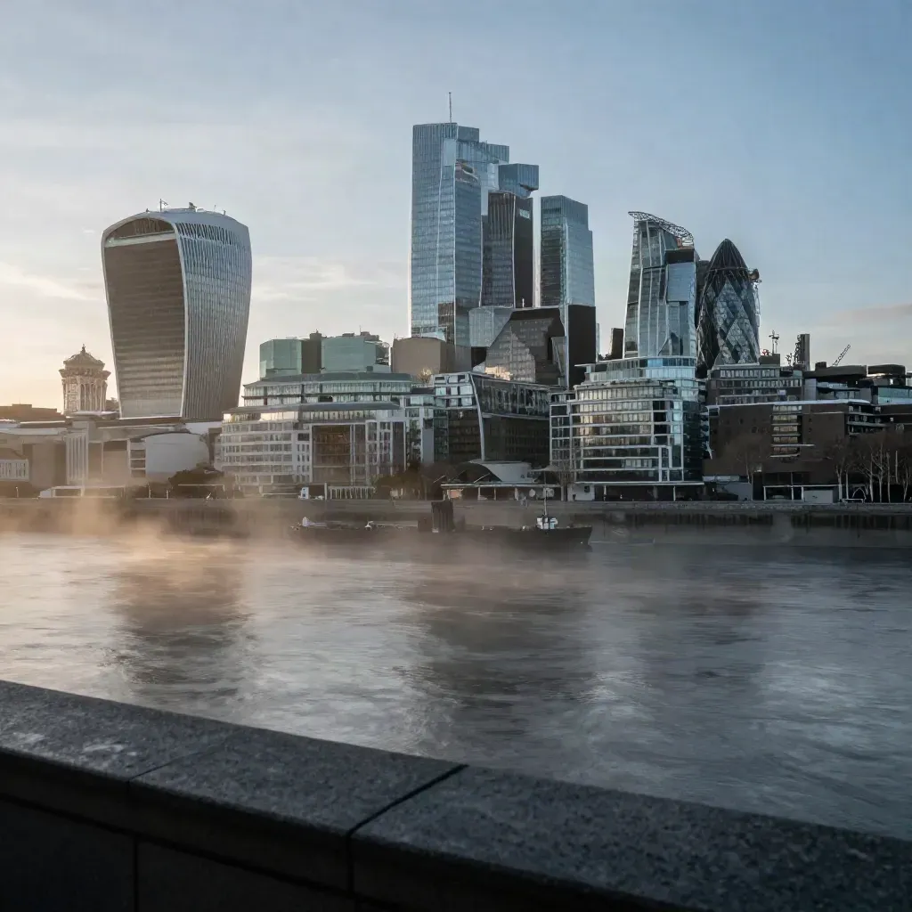 Thames skyline in mist at blue hour, glass towers high above a calm silver river bend.