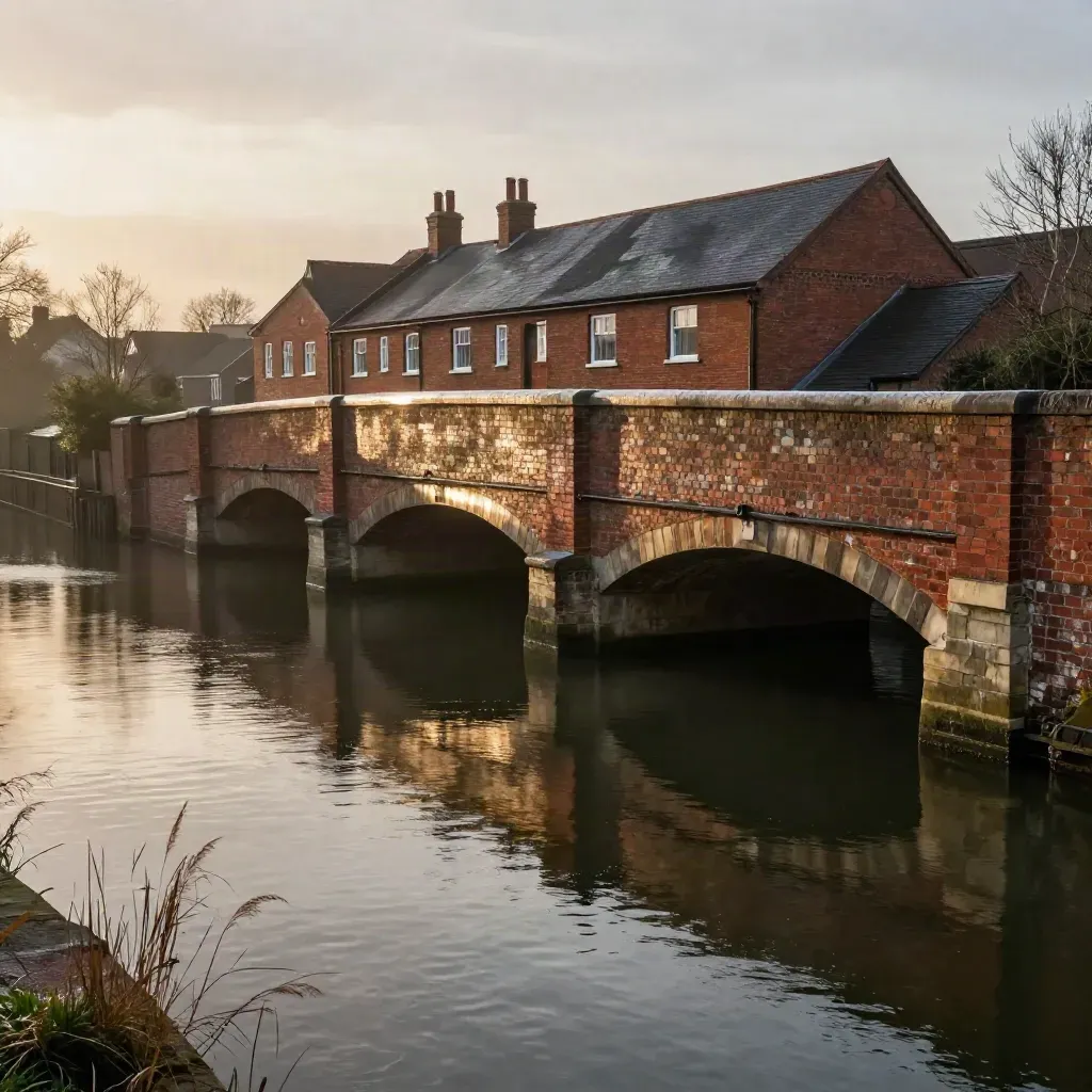 Redbrick canal bridge and wet warehouses above calm Midlands water at golden hour