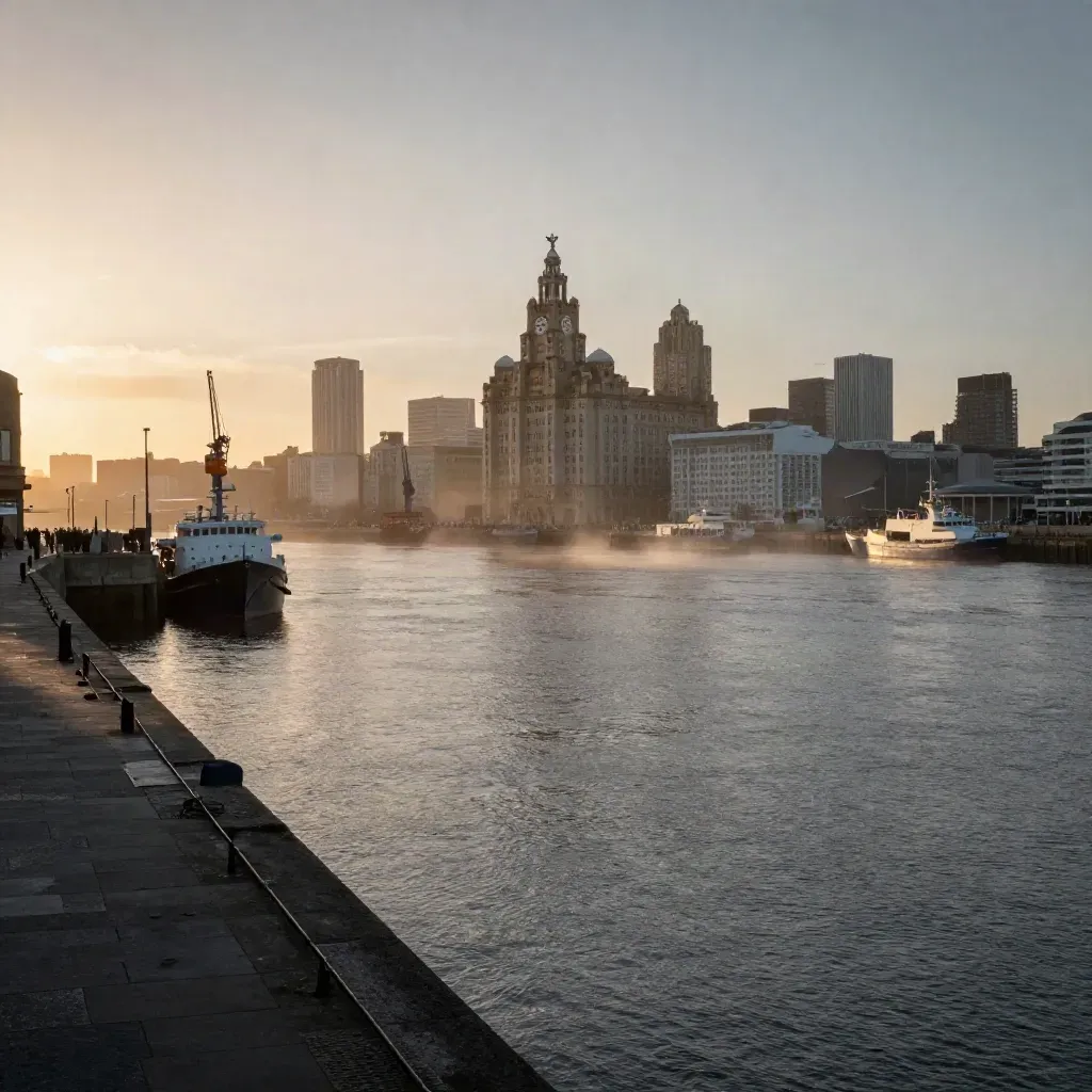 Liverpool waterfront and Mersey estuary at sunset, skyline high above calm water and haze