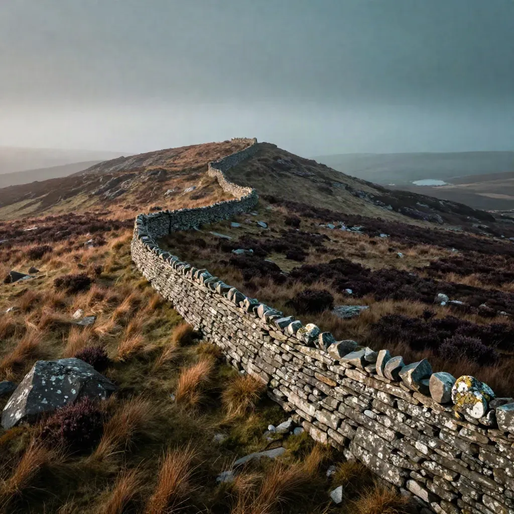 Misty moorland ridge with dry stone walls at dawn, open foggy valley below.