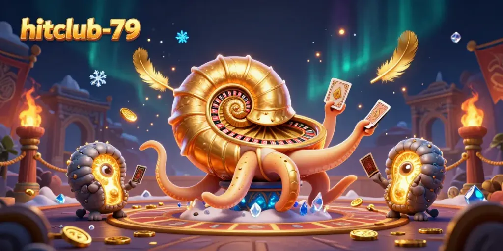 Engage with hitclub-79's thrilling gaming scene featuring a giant nautilus roulette wheel and radiant companions.