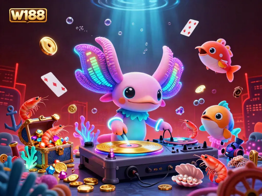Experience the vibrant energy of w188 with a colorful axolotl DJ and underwater treasures in this detailed 3D casino illustration.