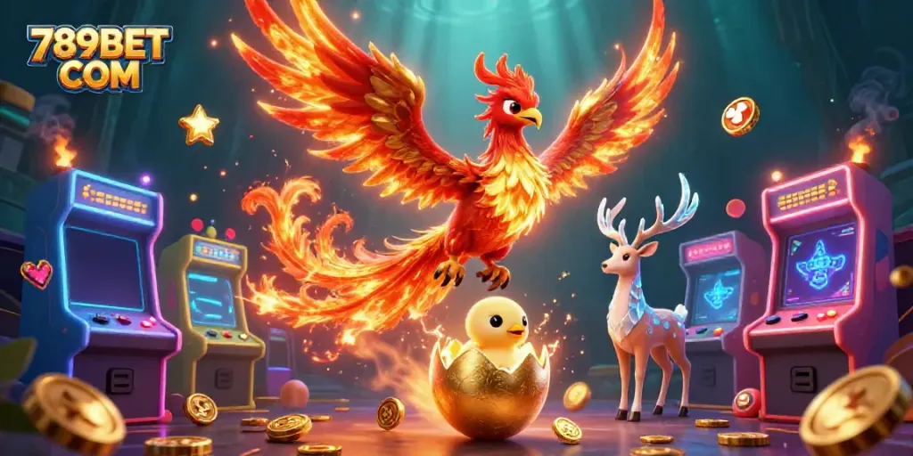 Engage with exciting games at 789BET COM featuring a vibrant phoenix and mystical stag.
