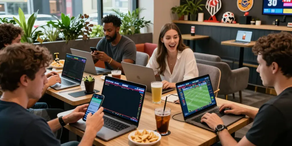 Exciting TX88 sports betting scene with diverse individuals engaging in mobile betting.