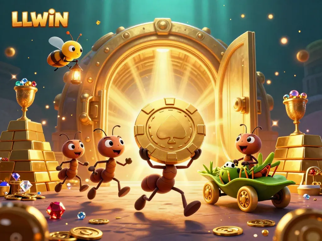 Experience thrilling gameplay at LLWIN with a stunning heist scene featuring 3D cartoon ants and golden poker chips.