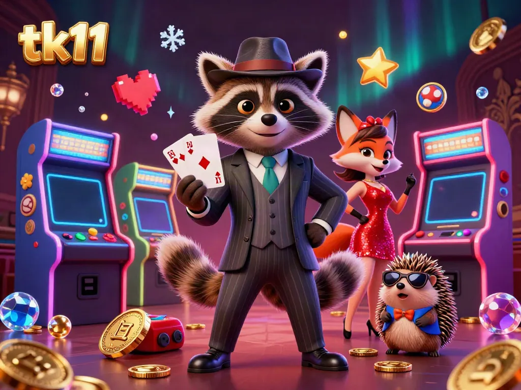 Experience tk11 with vibrant characters and dynamic casino elements in a lively illustration.