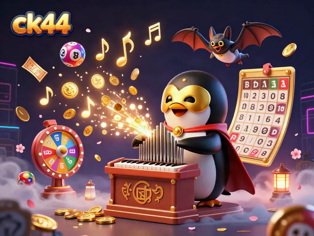 Experience dynamic gaming at ck44 with a penguin organist shooting golden coins amidst lottery elements.