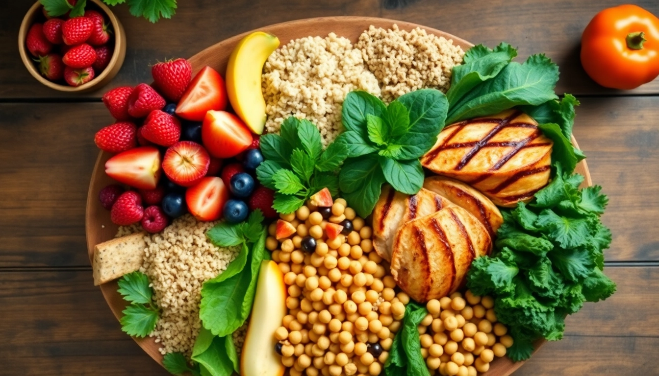 Vibrant healthy food platter featuring fresh fruits, vegetables, and grains.
