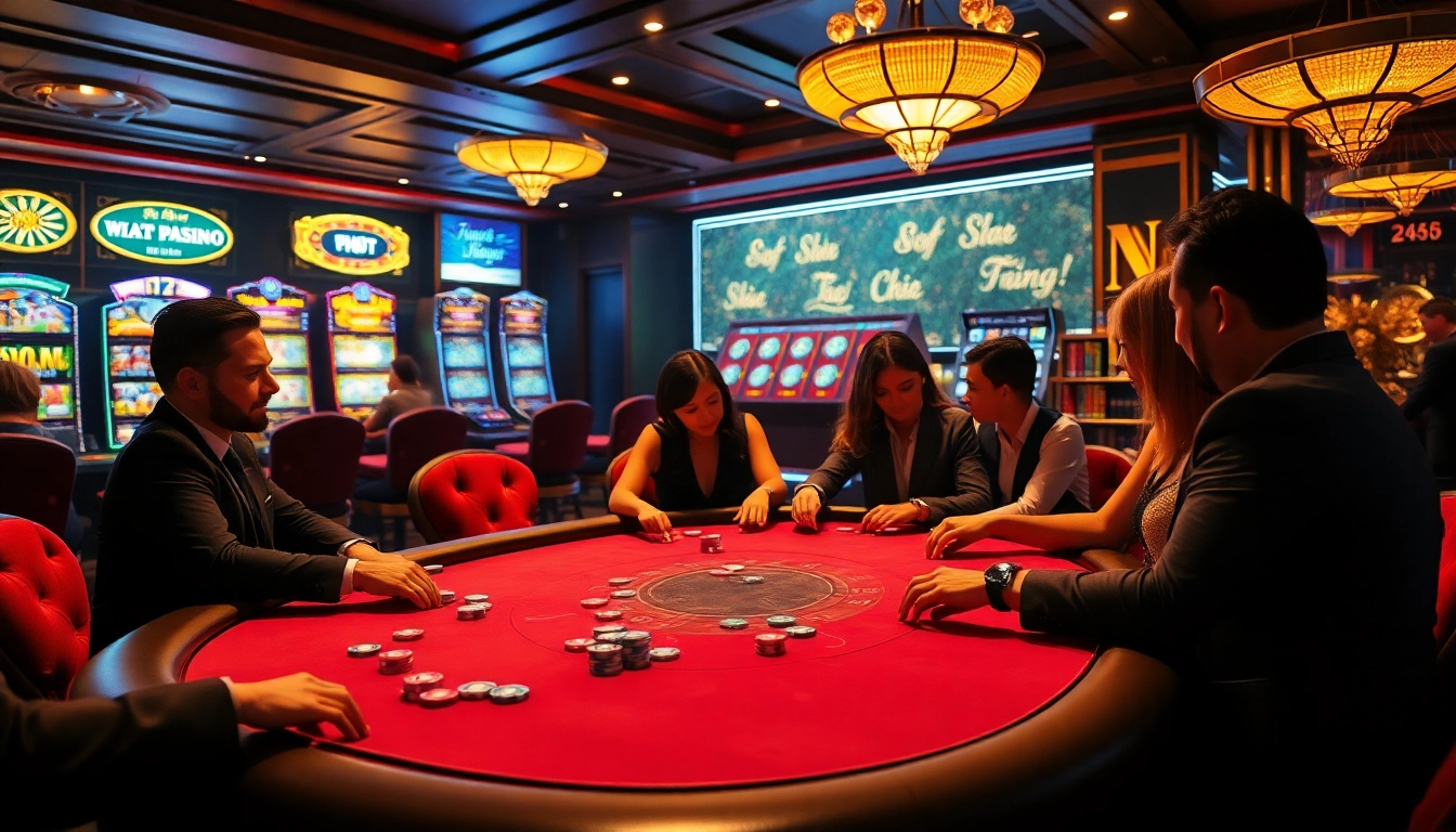 Experience the excitement of gambling at Trang Chủ FB88, showcasing a vibrant poker table and slot machines.