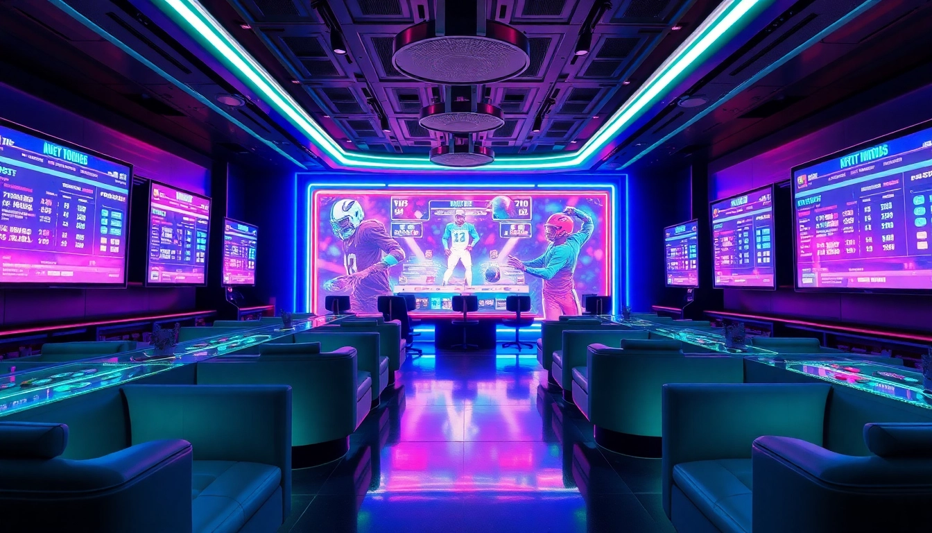 Explore the future of New Technology in sports betting with interactive holographic displays and vibrant ambiance.