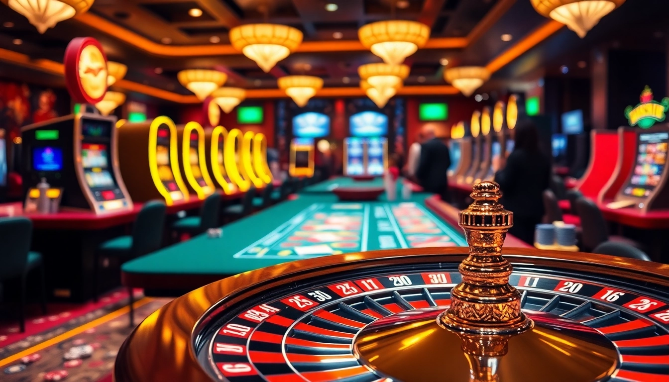 Vibrant casino scene featuring a roulette wheel and poker chips, symbolizing Nhà cái uy tín in a lively gambling atmosphere.