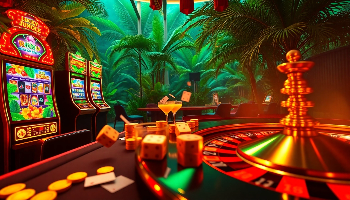 Experience the thrills of Lucky Jungle with vibrant slot machines and poker tables illuminated in a tropical paradise.