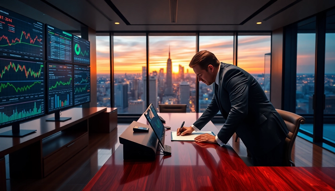 Confident professional analyzing market data at the peter thiel hedge fund office.