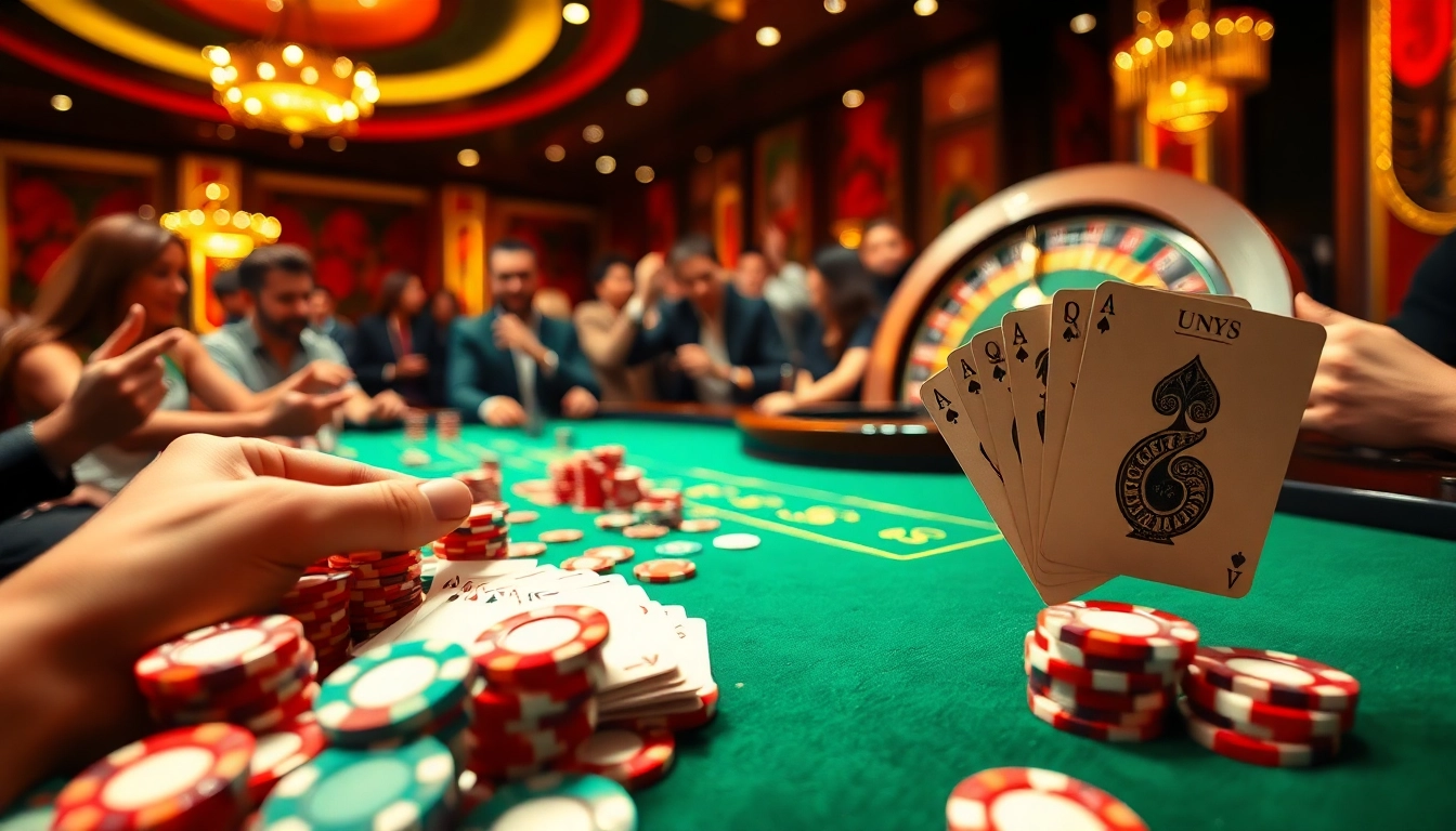 CM88 poker table scene with vibrant chips and intense players in a lively casino.