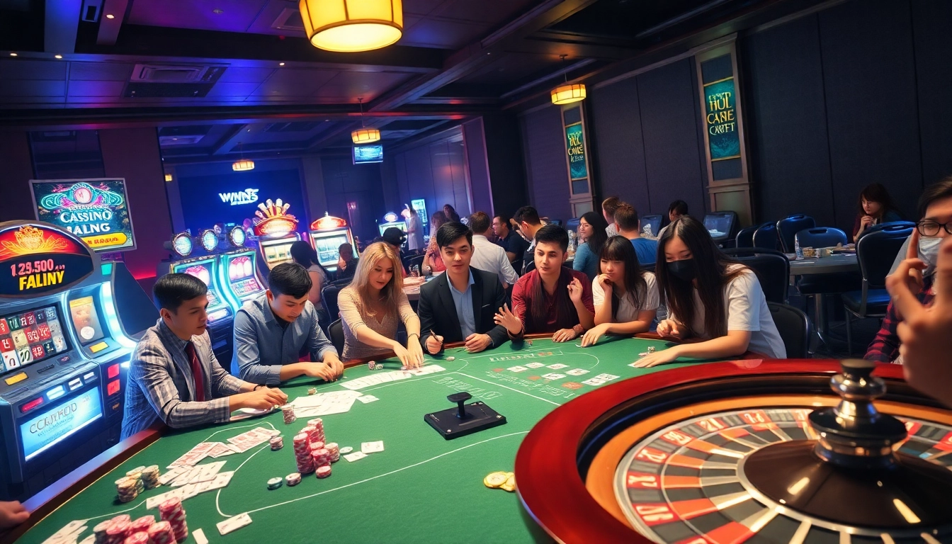 KJC AC 2 showcases vibrant casino tables with players enjoying games of chance, including cards, dice, and roulette.