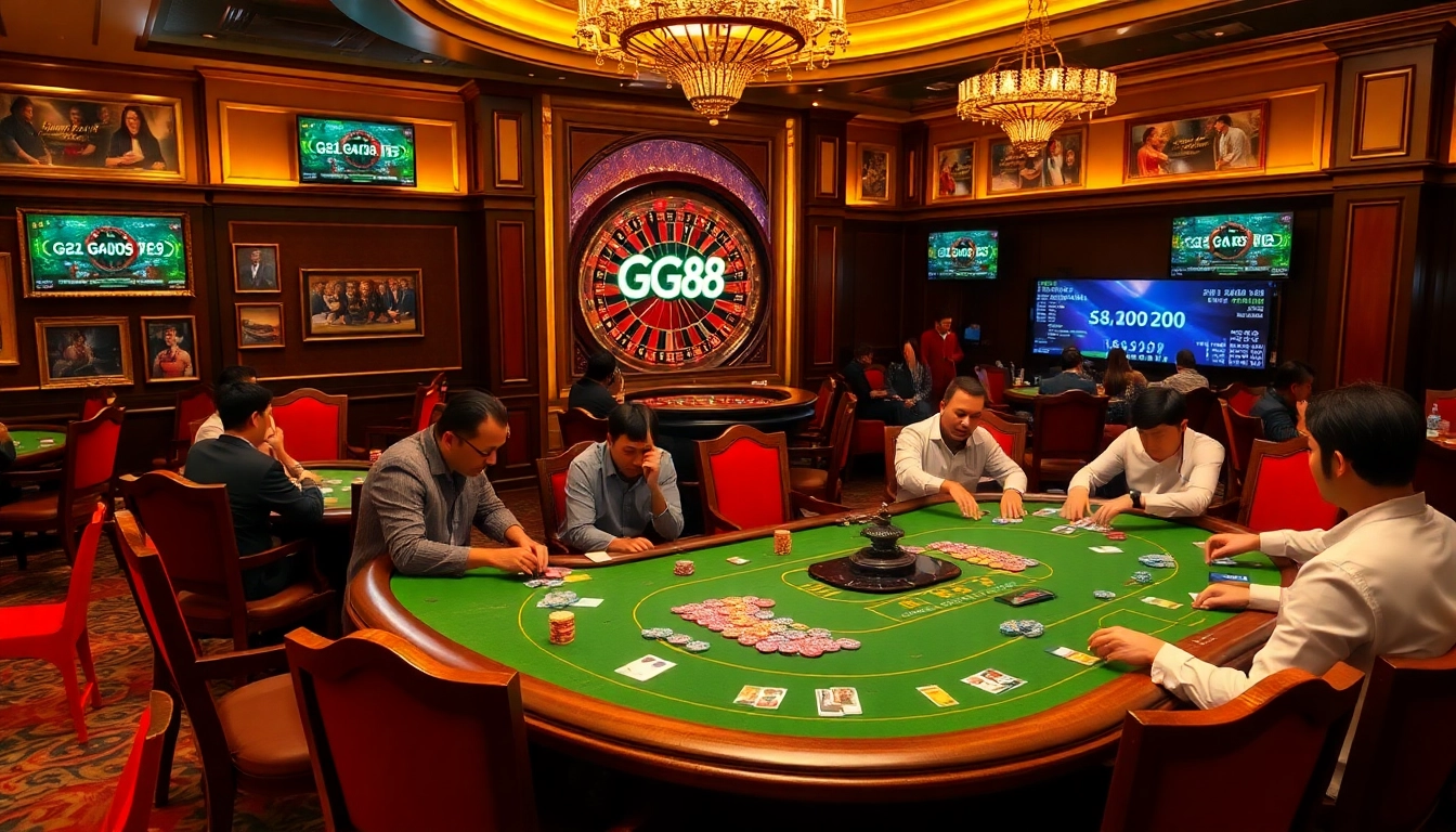 Exciting poker game at GG88 casino, showcasing vibrant chips and luxurious table decor.