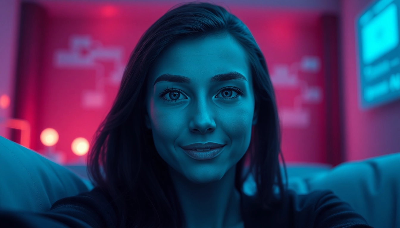 Engaging scene of ai sex chat with a friendly AI character in a cozy virtual setting.