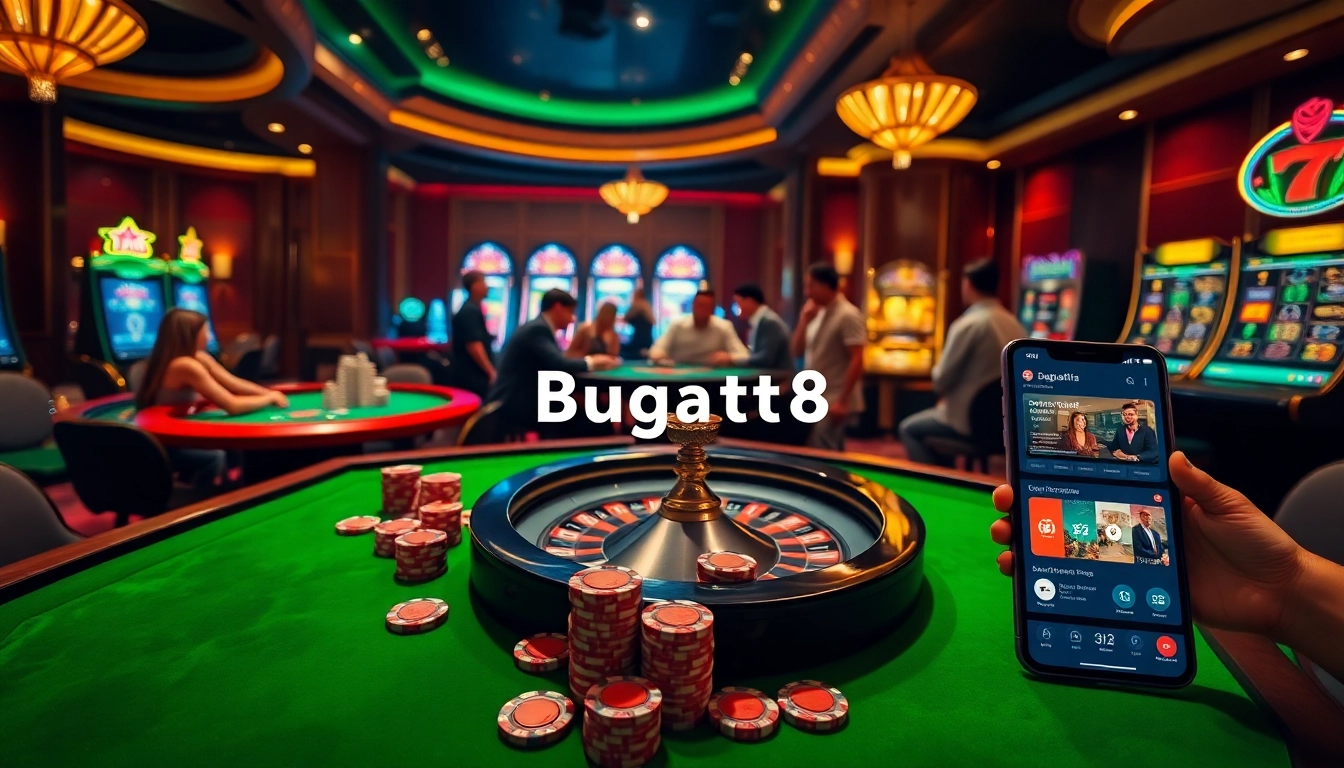 Experience Bugatti8 at a vibrant casino with roulette wheels and exciting poker games.